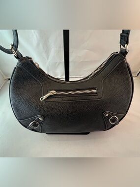 Wild Fabke Black Pebbled Crescent Shoulder Bag with Silver Accents